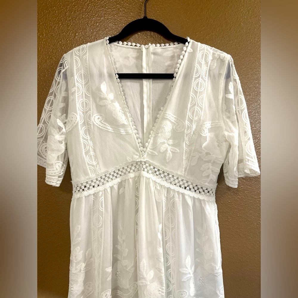 Ivory Floral Embroidered Lace Boho Maxi Dress Deep V-neck Fairycore Cottagcore. - Picture 5 of 14
